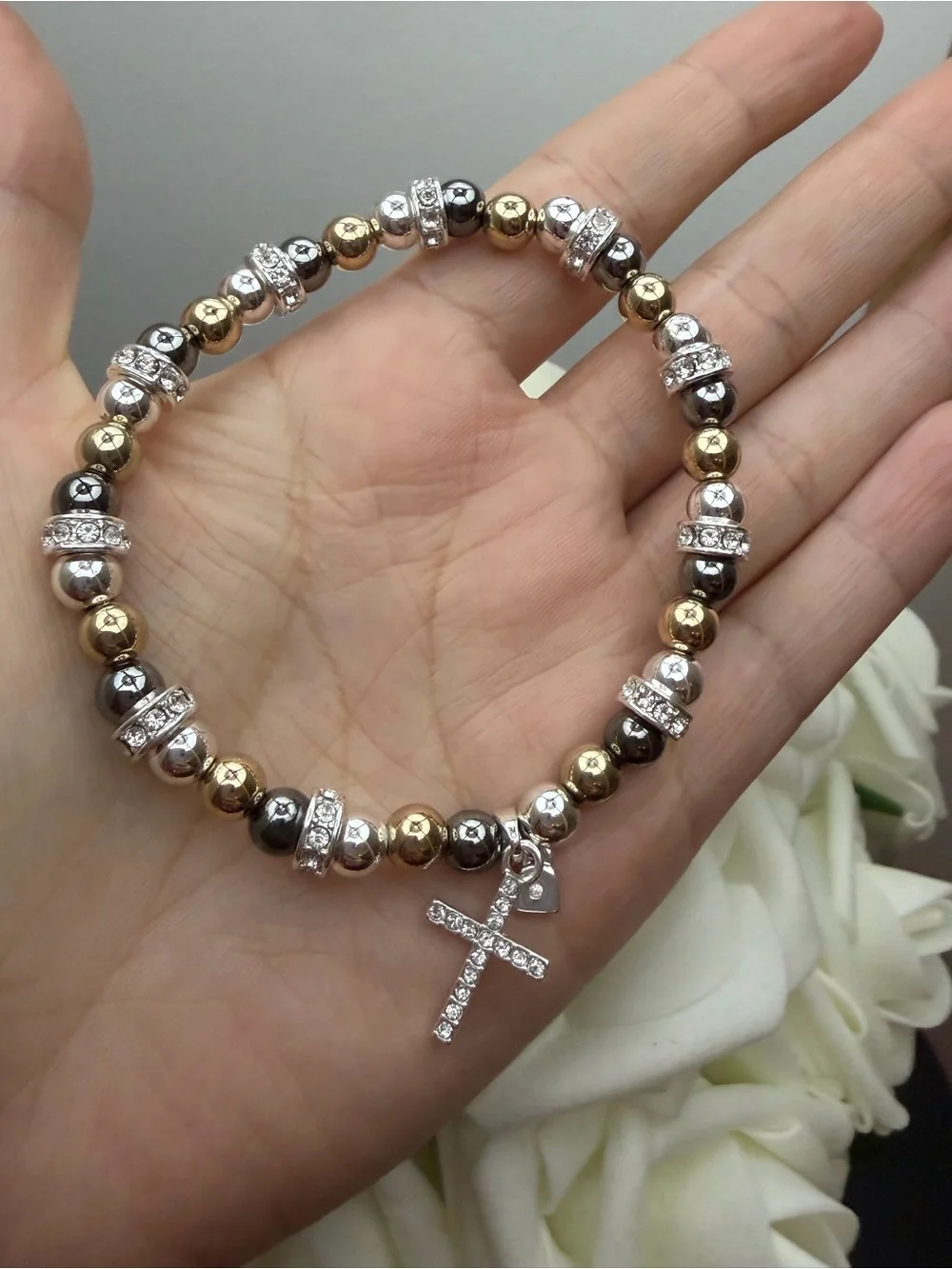 Tri-Tone Beaded Cross Bracelet - Gold, Silver, Gunmetal